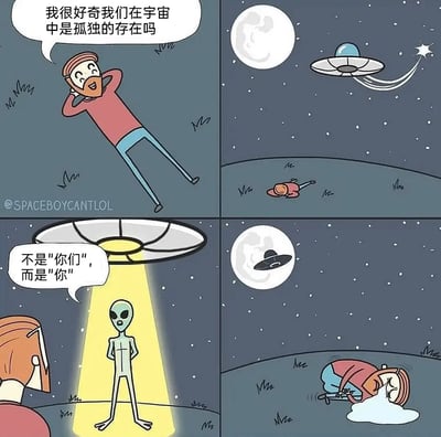 这是一幅四格连环卡通漫画，场景设定在夜晚的星空下：第一格中，留着胡子的男子躺在草地上，双手抱头，满脸好奇地发出疑问“我很好奇我们在宇宙中是孤独的存在吗”；第二格，一艘飞碟从夜空中飞过，男子依旧躺在原地；第三格，飞碟悬停在男子上方，降下黄色光束，一个经典的灰皮肤外星人站在光束中，对着男子说出扎心的反转台词“不是"你们", 而是"你"”；第四格，飞碟已经飞走，男子崩溃地蜷缩在草地上大哭。漫画通过外星人的回答，将“人类群体是否孤独”的问题，反转成只有该男子是孤独个体，用黑色幽默的方式制造出扎心又搞笑的效果。