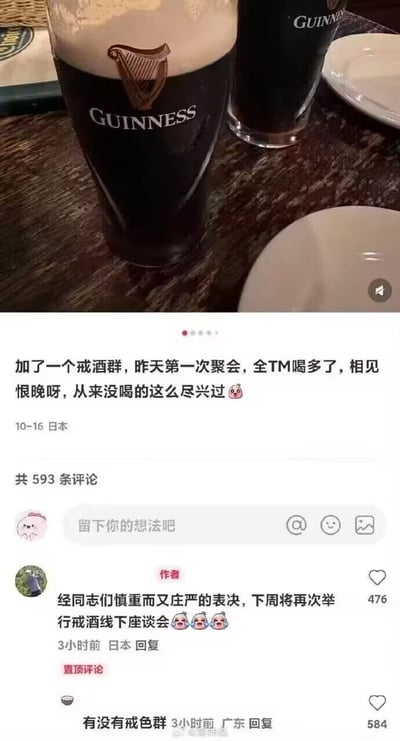 图片上半部分展示两杯盛满黑色液体的Guinness啤酒，酒液上方有厚实的奶油状泡沫，杯身上印有品牌标志性的竖琴logo，放置在木质桌面上，旁边有白色餐盘。下半部分是社交媒体截图，内容为用户发布的动态：“加了一个戒酒群，昨天第一次聚会，全TM喝多了，相见恨晚呀，从来没喝的这么尽兴过😋”，定位显示为日本，发布时间10-16。下方有593条评论，作者回复“经同志们慎重而又庄严的表决，下周将再次举行戒酒线下座谈会😂😂😂”，另有高赞评论“有没有戒色群”。图片通过“戒酒群聚会却喝多”的反差制造幽默效果，展现了生活中的荒诞与搞笑场景。