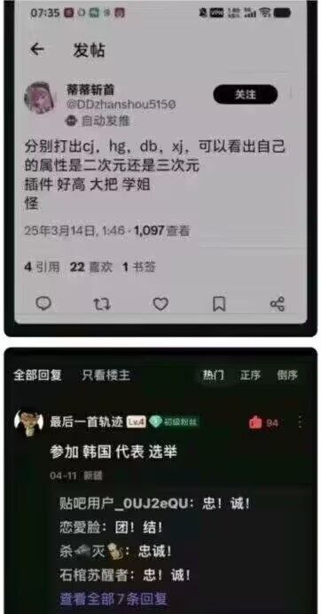该图片为社交媒体帖子及评论区的截图，分为上下两部分。上半部分是用户“蒂蒂新苗”（@DDzhanshou5150）发布的帖子，内容为“分别打出cj, hg, db, xj，可以看出自己的属性是二次元还是三次元 插件好高大把学姐 怪”，发布于2025年3月14日，有1,097次查看、4次引用、22次喜欢和1次书签。下半部分是评论区，热门评论包括“参加韩国代表选举”“忠！诚！”等，展现了用户间的互动调侃。