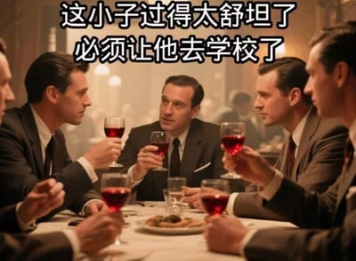 这是一张二次创作的搞笑表情包，底图取自美剧《广告狂人》中多名穿着正式西装的男性围坐在餐厅餐桌旁、手持红酒杯相互对视商议事务的经典场景，图上方添加了黑边白字的配文“这小子过得太舒坦了 必须让他去学校了”，生动调侃了放假期间孩子在家休息得太过安逸，家长们达成共识想要尽快把孩子送去上学的普遍心态，常在开学季被家长群体用来玩梗。