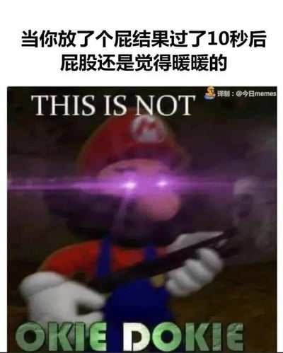 这张梗图上方配有中文文案“当你放了个屁结果过了10秒后屁股还是觉得暖暖的”，中间是经过P图改编的经典游戏角色马里奥，他双眼发出紫色激光，手持枪械，表情严肃黑化，图上标注英文“THIS IS NOT”，下方标注英文“OKIE DOKIE”。用马里奥的黑化严肃形象与搞笑的日常糗事配文形成反差，制造出滑稽的笑点，调侃这种放屁后屁股仍有暖意的尴尬又好笑的体验，没有双关、谐音梗等内容。