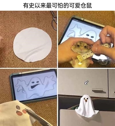 这是一组四格连环静态图，完整展示了给仓鼠制作幽灵主题装扮的全过程：第一格呈现准备好的白色圆形布料；第二格中，创作者用软尺测量仓鼠头部尺寸，平板上同步显示幽灵草稿；第三格是根据测量结果在布料上剪出适合仓鼠露出脸部的孔洞，平板上的幽灵草稿也完善了表情；第四格是成品展示，仓鼠戴着白色幽灵布，露出眼睛和鼻子，模样既带着幽灵装扮的“诡异感”又满是呆萌可爱，上方配文精准点出了这个装扮的反差萌效果。