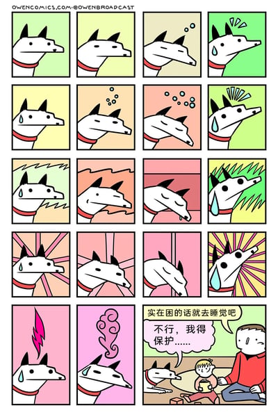 这是一组由四列五行组成的连环卡通漫画，前四行通过递进的画面展现了一只戴红项圈的狗狗从清醒到极度困倦的过程：初始状态狗狗神态正常，随后开始犯困、打哈欠，接着困到流口水、出现幻觉（头顶浮现闪电、烟雾特效），每次困到极致时狗狗都会被惊醒，满脸冷汗地强打起精神；最后一行的最后一格画面切换到室内场景，一位红衣服的成年人温和地对狗狗说“实在困的话就去睡觉吧”，而已经困得睁不开眼的狗狗内心想着“不行，我得保护……”，旁边是正在玩耍的小主人，整个漫画通过狗狗的困倦与坚持，生动表现出狗狗对主人的忠诚与暖心守护。