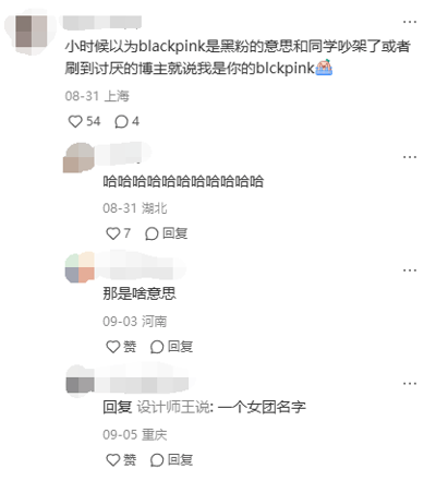 这是一张社交媒体评论区的静态截图，最上方来自上海的用户分享了自己的趣事：小时候误以为“blackpink”是“黑粉”的意思，还因此和同学发生争吵，如今刷到自己讨厌的博主时，就会用“我是你的blackpink”来调侃；随后湖北的用户以一串“哈哈哈哈哈哈哈哈哈哈哈哈”评论表达对这件事的好笑之感，河南的用户留言询问“那是啥意思”，最后重庆的用户回复解释“blackpink是一个女团名字”。整个截图记录了网友围绕这个有趣误解展开的互动过程。