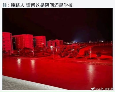 这是一张夜晚的校园实拍照片，地面因刚下过雨而湿漉漉的，整个校园区域被大面积的红色灯光完全笼罩，校园建筑、道路、树木都被染成了暗红色，地面的积水清晰倒映出红色的灯光，整体氛围显得诡异又阴森。配文以“纯路人”的视角调侃吐槽“请问这是阴间还是学校”，用夸张的方式表达出这种灯光布置下校园带来的怪异观感。