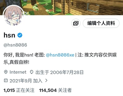 该图片为X平台(原Twitter)用户"hsn"的个人主页截图。页面顶部横幅为《我的世界》(Minecraft)风格的游戏场景，包含木质小屋、草地和白色小花；左上角个人头像是一位浅粉色头发、戴眼镜、系围巾的动漫风格女性角色。主页显示用户名"hsn"带有蓝色验证徽章，账号@hsn8086，个人简介内容为"你好, 我是hsn! 老图: @hsn8086xe | 注: 推文内容仅供娱乐,真假自辨!"，并标注了"Internet"、"出生于2006年7月28日"、"2021年9月加入"等信息。页面底部显示关注数1,015，粉丝数114,504。

图片中粉丝数114,504与网络迷因数字"114514"高度接近，推测是用户对该迷因的趣味化引用，通过粉丝数营造接近该数字的调侃效果。