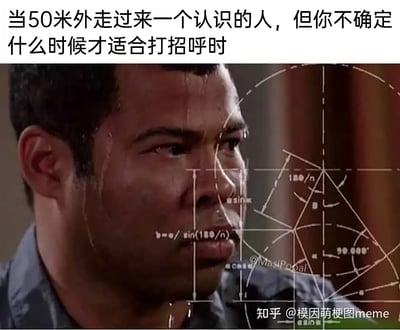 这张梗图描述的是当你在50米外见到一个认识的人，但不确定该什么时候打招呼时的尴尬和犹豫。图片通过公式、角度计算的视觉暗示，表达自己不断在脑海里计算最合适的打招呼时机，非常搞笑且贴合社交尴尬场景。图片适合用来表达遇到熟人却怕尴尬的社恐情绪。

没有双关、谐音梗和暗示，仅用数学运算作为社交尴尬的形象化表现。