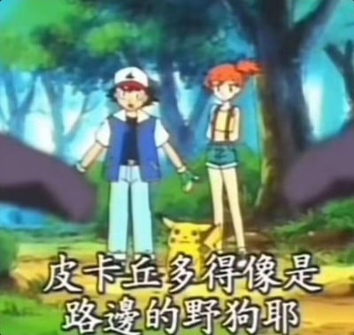 这是一张经过字幕修改的《精灵宝可梦》动画截图，画面呈现了林间小路的场景，小智和小霞站在路中，皮卡丘位于两人前方。图中添加了恶搞性质的字幕“皮卡丘多得像是路边的野狗耶”，与原作中皮卡丘稀有、珍贵的设定形成强烈反差，通过夸张的比喻制造出荒诞搞笑的效果，用来调侃某类事物数量极多、随处可见的情况。