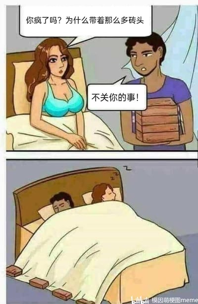 这是一幅由两格画面组成的连环卡通漫画，第一格中，坐在床上的女人面露惊讶与疑惑，质问站在床边抱着一摞砖头的男人：“你疯了吗？为什么带着那么多砖头”，男人则一脸不耐烦地回应“不关你的事！”；第二格画面切换到夜晚，两人躺在床上盖着被子熟睡，能看到男人被挤到了床边，而床沿的被子被几块砖头牢牢压住，原来男人带砖头的目的是为了防止睡觉的时候被子被女人抢走，同时避免自己被挤下床，用砖头固定被子边缘，用看似奇怪的行为解决情侣睡觉抢被子的日常问题，制造出幽默的反转效果。