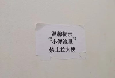 一张拍摄于公共卫生间的照片，墙上贴着一张边缘略有破损的白色纸质标语，用黑色字体写着“温馨提示 小便池里 禁止拉大便”，其中部分文字有轻微像素化处理。标语通过透明胶带固定在浅色墙面上，整体设计直白朴素，内容因陈述了显而易见的卫生规范而带有一丝荒诞的幽默感。