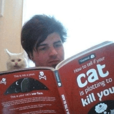 图中一名男子正专注阅读一本红色封面的书，书名是《How to tell if your cat is plotting to kill you》（《如何判断你的猫是否在密谋杀你》）。书的内页左侧有插图和文字：'This is not a yawn'（这不是哈欠）配骷髅头图案，以及'This is your cat's "I'm going to kill you" face'（这是你猫的‘我要杀了你’脸）。而在男子身后，一只白色猫咪正探出头，眼神锐利，表情仿佛印证了书中的内容，形成极具反差萌的搞笑场景。