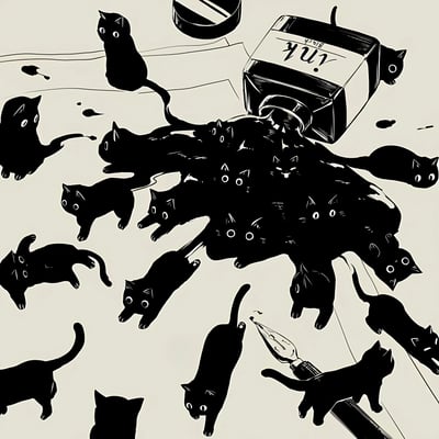 这是一幅黑白插画，画面中央是一个倾倒的墨水瓶，瓶身上标有“BLACK INK”字样。墨水瓶中溢出大量黑色墨水，无数只黑色小猫从墨水中涌出，它们都有着圆圆的白色眼睛，显得十分好奇。画面中还有几只小猫已经离开墨水池，在周围走动。背景中可以看到一支羽毛笔和一些散落的墨水渍，整体风格奇幻而富有创意。