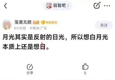 这是一张百度贴吧“弱智吧”的帖子截图，发帖用户为“笺墨无颜”，其等级为Lv.8，头衔是“啃咬医生”，IP属地显示为广东，发布时间标注为8小时前。帖子内容是一个谐音双关梗：以“月光是反射的日光”这个科学事实为引子，将“白月光”中的“日光”的“日”，与带有低俗暗示含义的“想日”的“日”进行关联，制造出无厘头的搞笑效果，打破了“白月光”原本代表的美好、遥不可及的意象，形成反差感。帖子下方有分享按钮和5个点赞数，界面右上角还有发帖和更多操作按钮。