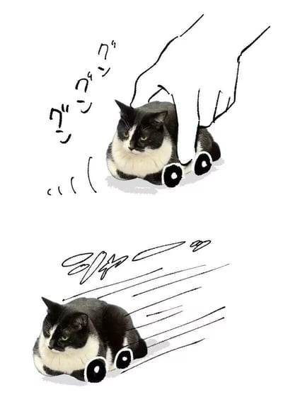 这是一张上下分栏的趣味合成梗图，上半部分：一只真实的黑白奶牛猫被手绘加上了小车轮子，旁边有一只手绘的手在给它“上发条”，搭配日语拟声词「グングン」模拟上发条的声响，猫咪一脸生无可恋、冷漠的表情；下半部分：这只带轮子的猫咪被“发射”出去，用手绘的速度线表现快速滑行的状态，猫咪依旧是无奈的表情。整体用脑洞大开的方式，把猫咪拟人化做成可以上发条滑行的小车，充满搞笑趣味，戳中宠物爱好者的笑点。