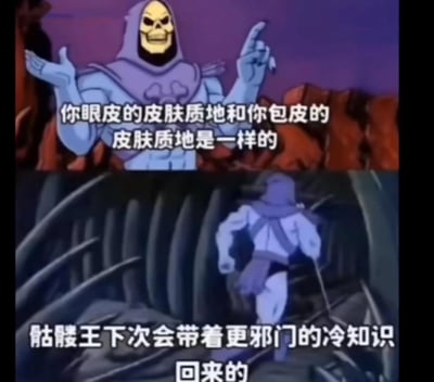 这是一张由经典动画角色骷髅王的截图拼接而成的恶搞梗图，上半部分骷髅王摊开双手，配文抛出一个冷门又略显尴尬的冷知识：“你眼皮的皮肤质地和你包皮的皮肤质地是一样的”；下半部分是骷髅王转身跑开的画面，配文“骷髅王下次会带着更邪门的冷知识回来的”，用角色的退场来强化无厘头的搞笑效果，通过严肃反派角色和奇葩冷知识的反差感制造笑点，风格恶搞又荒诞。