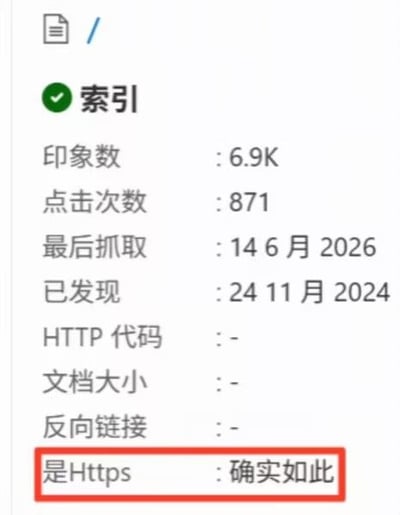 这是一张站长工具类网页的页面索引信息截图，页面顶部显示该页面已被成功收录索引，随后依次列出了多项数据：印象数为6.9K、点击次数为871、最后抓取时间为2026年6月14日、首次发现时间为2024年11月24日，其余HTTP代码、文档大小、反向链接字段暂无数据。最下方的“是Https”字段的取值被标注为“确实如此”，利用“是Https”的中文读音和“确实如此”读音相近的特点形成谐音梗，具有趣味效果，属于互联网从业者相关的搞笑内容。