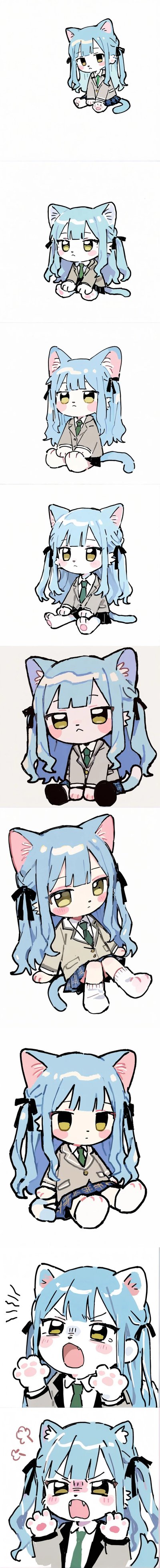 这是一组竖排的连环Q版插画，展示了蓝发猫耳、身着JK制服的原创二次元女孩，从端正坐姿的平静形象，逐渐放大画面，开始出现模糊重影，最终变成带有抖动故障效果的视觉画面，用画面的渐变变化制造软萌又搞怪的反差感，全程无文字对白，靠视觉变化传递可爱氛围。