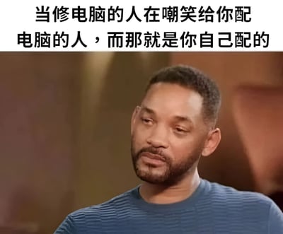 图片上半部分为文字内容：“当修电脑的人在嘲笑给你配电脑的人，而那就是你自己配的”，下半部分是威尔·史密斯的真人照片，他侧头凝视，表情微妙，带着一丝尴尬和无奈，完美契合文字所描述的自我调侃场景。
