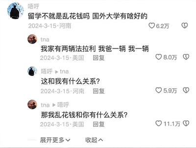 本图为截取自社交平台的评论区对话截图，围绕“留学是不是乱花钱”的话题展开。一方质疑留学价值并认为其属于乱花钱，另一方用“家里有两辆法拉利”进行反击，最终双方互相质问“这和我有什么关系？”和“我乱花钱怎么和你有关？”。整体画面透露出调侃、嘲讽以及对社会争议话题的搞笑表达。