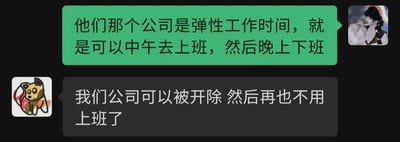 这是一张聊天记录截图，画面中有两段对话。上方绿色消息气泡的用户提到，其他公司实行弹性工作时间，员工可以选择中午上班、晚上下班；下方深色消息气泡的用户则用带有自嘲和无奈的语气回应，称自己所在的公司可以通过被开除的方式，让自己彻底不用上班。这段对话通过夸张的吐槽，表达了职场打工人对当前工作的倦怠情绪，是职场人宣泄工作压力的一种方式，没有使用双关、谐音梗等特殊表达。