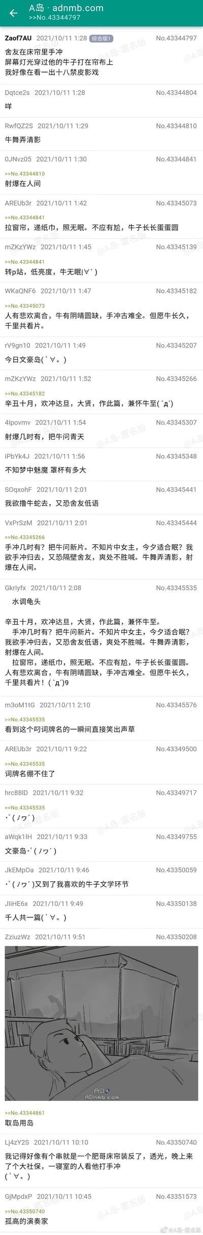 这是A岛匿名版的一则宿舍主题帖子，楼主于2021年10月11日分享了自己的尴尬趣事：舍友在床帘内进行手冲行为，屏幕灯光透过身体部位投射在帘布上，形成类似皮影戏的画面，楼主将其形容为“十八禁皮影戏”。该帖子引发了其他匿名用户的玩梗创作，大家纷纷以苏轼的经典词作《水调歌头·明月几时有》为蓝本，结合帖子场景进行改编，最终有用户整合出完整的改编词作《水调龟头》，内容贴合宿舍场景与楼主描述的细节，充满搞笑趣味；还有用户绘制了对应场景的黑白线稿图，进一步还原楼主描述的画面。整个帖子充满了网友的创意与宿舍生活的趣味感。