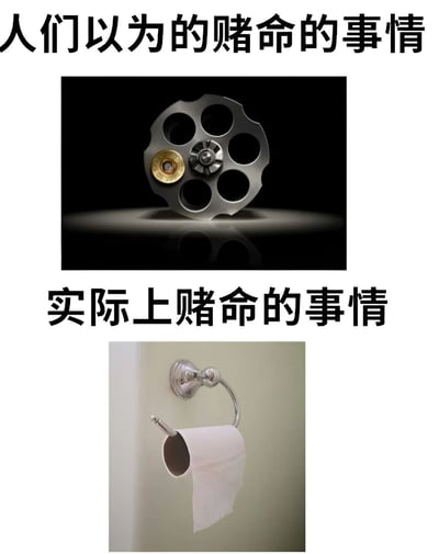 这是一张上下对比的图文混排梗图，通过幽默的方式展现人们对“赌命”概念的认知反差。上图标题为“人们以为的赌命的事情”，配图是一个左轮手枪的弹巢特写，其中一个弹仓装有子弹，营造出传统意义上危险、致命的氛围；下图标题为“实际上赌命的事情”，配图则是一个卫生纸卷几乎用尽的场景，用日常生活中令人尴尬又无奈的小事来调侃真正让人“紧张”的时刻。
