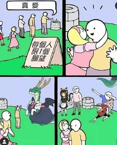 四格漫画描绘了许愿井场景：每个人仅限许一个愿望。第一格中有人对着井许愿，上方气泡标注“真爱”；第二格显示许愿者成功与伴侣拥抱；第三格出现威严的龙接受跪拜；第四格左侧为猫耳娘与男性牵手，右侧则是有人被触手怪追赶。通过不同许愿结果的幽默对比，展现人们对“愿望”的多样想象，整体风格轻松搞笑。