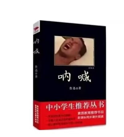 这是一张经过二次创作的恶搞书籍封面图，原型是鲁迅经典文学作品《呐喊》的中小学生推荐丛书版本。封面原本的作者肖像被替换成了一张仰头张嘴、表情极度夸张的真人表情包，这个表情包的动作和书名“呐喊”形成了趣味呼应，用强烈的反差感制造出搞笑的效果，属于网络上常见的书籍封面恶搞类梗图。