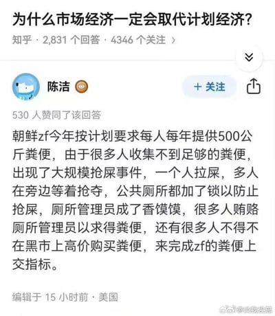 这是一张知乎回答的截图，在问题《为什么市场经济一定会取代计划经济？》下，用户「陈洁」发布了一个编造的荒诞案例：称朝鲜要求每人每年上交500公斤粪便，导致民众抢屎、贿赂厕所管理员、黑市高价购买粪便的乱象，以此来论证计划经济的不合理性。该回答获得530人赞同，编辑地点标注为美国，截图右下角带有微博用户@喊我侯总的水印。
无双关、谐音梗或暗示类内容。
