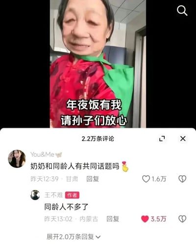 这是一张竖屏的社交媒体截图，上方是实拍视频画面：一位穿着红色中式上衣、披着绿色布的高龄奶奶面带微笑，画面配文“年夜饭有我 请孙子们放心”，传递出奶奶为孙辈操持年夜饭的安心承诺。下方是评论区界面，用户“You&Me”留言询问“奶奶和同龄人有共同话题吗”，这条评论获得1.6万点赞；视频作者“王不难”回复“同龄人不多了”，该回复获得3.5万点赞，戳中了高龄老人身边同龄人稀少的孤独现状，让原本温馨的画面带上了心酸的反差感，引发大量网友共鸣，评论区共有2.2万条评论。
