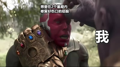 图片中灭霸戴着镶嵌多颗无限宝石的无限手套，正用力抓住幻视的头部，幻视面露痛苦惊恐的表情。画面上方配有文字“想要在2个星期内修复好伤口的结痂”，右侧则用大字标注“我”。该 meme 通过将“两周内修复伤口结痂”这一日常小困难与灭霸压倒性的力量场景结合，形成夸张搞笑的对比，表达了面对此类小目标时的无奈与压力。