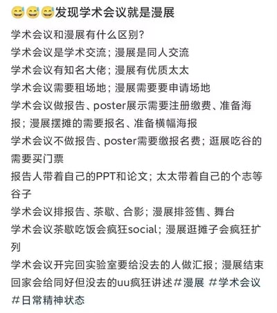 这是一张纯文字梗图，以幽默调侃的方式对比学术会议和漫展的相似之处。图中列举了两者在交流性质、参与人员、场地需求、准备工作、活动安排、社交方式等多个方面的对应关系，最后以参会者回来后向未参会者分享的场景收尾，展现了学术圈人士的日常精神状态和幽默感。