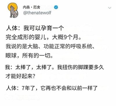 这是一张Twitter（现X平台）用户内森·厄舍（@thenatewolf）的推文截图。推文以拟人化对话形式展开：人体先自豪地宣称能在9个月内孕育出包含大脑、呼吸系统、眼球等完整结构的婴儿，展现其复杂而高效的生命创造能力；而当“我”询问扭伤脚踝的恢复时间时，人体却无奈回答“7年了，它再也不会和以前一样了”。通过这种夸张的能力对比——能完成孕育生命的“壮举”却对小伤“束手无策”，制造出强烈的幽默反差和生活吐槽感。