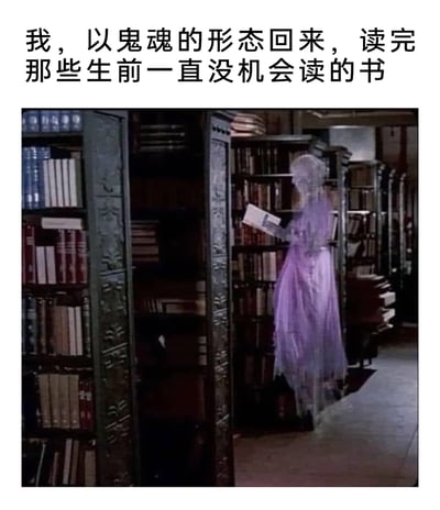 这是一张图文结合的梗图，画面主体是一位身着紫色透明纱质长裙的鬼魂，身处堆满老旧书籍的复古图书馆书架之间，正专注地捧着一本书阅读。图片上方配有文字：“我，以鬼魂的形态回来，读完那些生前一直没机会读的书”，用奇幻的设定调侃了那些热爱读书却被现实事务耽误，没能读完想看的书的人的遗憾与执念，将这种对读书的热爱以浪漫又略带戏谑的方式呈现出来。