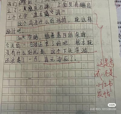 图片展示了一篇学生手写作文，内容吐槽某景点'盘龙洞'无聊、导游'下头'，甚至直接写'300大字略'跳过细节，结尾抱怨'浪费一百，真无语死了'。作文右侧有老师用红笔写下的评语：'这是考试，不是小红书发帖'，形成鲜明对比，充满学生网络用语与考试规范的幽默冲突。