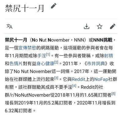 这是一张关于"禁尻十一月(No Nut November，NNN)"或"NNN挑战"的百科式介绍截图。内容详细说明了这是一个宣传禁欲的网络运动，参与者需在每年11月期间戒除手淫。截图中提到一些参与者认为戒除射精和色情片有益身心健康，并介绍了该运动的历史：2011年被《市井词典》收录，2017年开始在社群媒体流行，与Reddit上的NoFap社群有关。还展示了相关Reddit社群的订阅者增长数据，从2018年11月的1.65万增长到2020年11月的6.32万。