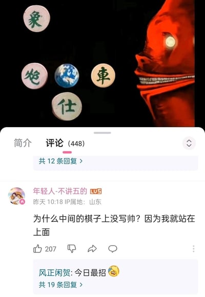 这是一张结合了象棋元素、地球图片与网络梗图的趣味内容，画面上方摆放着象棋棋子“象”“炮”“车”“仕”，中间位置是一张地球图片，右侧是一个眼神发光、面部带有缝合线的红色网络迷因梗图；下方是社交媒体的评论区界面，用户“年轻人-不讲五的”发布了一条玩谐音梗的评论：“为什么中间的棋子上没写帅？因为我就站在上面”，将地球的“地”谐音为“帝”，结合象棋的“帅”，玩出“帝帅（统帅）”的趣味梗，该用户的用户名也化用了马保国“年轻人不讲武德”的经典网络梗；这条评论获得了207个赞，另有用户“风正闲贺”回复“今日最招😆”表示认可，整体是网友自发创作的、充满趣味的网络迷因内容。