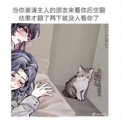漫画风格插画描绘了猫咪邀请主人朋友观看后空翻表演，结果仅翻两下就被无视的尴尬场景。左侧两位角色（主人与朋友）面带红晕亲昵依偎，完全忽略右侧角落的猫咪；猫咪坐地仰头，配文吐槽地板，生动展现卖力表演却无人关注的委屈与搞笑氛围。