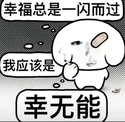 这是一张充满自嘲风格的卡通梗图，图中是一个眼部贴着创可贴、手持香烟的白色卡通形象，神态落寞低落。图中配有三段文字：“幸福总是一闪而过”、“我应该是”、“幸无能”，其中“幸无能”是谐音“性无能”的双关梗，通过这种巧妙的谐音方式，自嘲自己无法抓住、获得幸福，充满了无奈又带点黑色幽默的情绪。