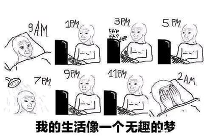 这是一幅黑白线稿连环图，按时间顺序展示了一个人从上午9点到次日凌晨2点的生活轨迹：9点醒来，神情疲惫；1点、3点、5点都坐在电脑前，3点的图里还有“FAP FAP”的字样，暗示在进行机械重复的操作；7点进行洗澡；9点、11点又回到电脑前继续重复之前的状态；凌晨2点躺在床上，双手捂脸，神情痛苦。图片底部配文“我的生活像一个无趣的梦”，精准概括了这种日复一日、单调重复、毫无趣味的生活状态，传递出对这种机械性重复生活的倦怠与无奈，引发对枯燥日常的共鸣。