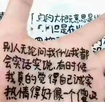 这是一张静态单图，属于原始拍摄的涂鸦类图，画面主体是一只人的手掌，手掌上用黑色笔迹手写了一段直白的自嘲文字：“别人无论问我什么我都会实话实说，有时候我真的觉得自己诚实热情得好像一个傻逼”。背景中存在模糊的、无法完整辨识的文字，不影响主体内容的表达。这段文字传递出一种在人际交往中，因自己过于实诚、不懂变通而产生的无奈与自我调侃，是对自身性格特点的直白吐槽，没有使用双关、谐音梗等特殊手法，情绪表达直接真实。