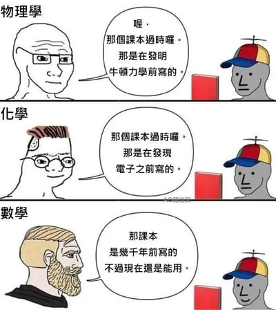 这是一张由三格画面组成的连环静态漫画，采用卡通风格绘制，通过对话形式对比不同学科课本的时效性差异，以此制造幽默效果。第一格为物理学板块：左侧是一位戴眼镜的光头卡通从业者，他面无表情地对右侧戴螺旋桨帽子的对话者说道：“喔，那个课本过时囉。那是在发明牛顿力学前写的。”调侃物理知识会随着新理论的出现而快速更新，旧课本很快会过时。第二格为化学板块：左侧是一位头部带有类似实验痕迹的卡通从业者，面带微笑地对对话者说：“那个课本过时囉。那是在发现电子之前写的。”体现化学领域会随着新的微观发现而更新知识体系，旧课本内容会失效。第三格为数学板块：左侧是一位留着胡须的卡通从业者，他对对话者说道：“那课本是几千年前写的不过现在还是能用。”突出数学知识的稳定性，许多古老的数学理论至今仍具备实用性，和前两个学科形成鲜明对比，用反差感制造笑点。画面中间偏下位置带有相关水印。
