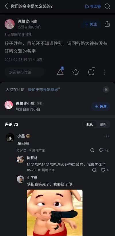 这是一张知乎平台的社交媒体截图，用户“进撃诶小咸”在“你们的名字是怎么起的？”问题下发布求助内容，称自家未出生的孩子姓牟，尚未知晓性别，希望网友帮忙提供好听文雅的名字。评论区用户“小黑”用谐音梗回复“牟问题”，谐音“没问题”，引发其他用户调侃，用户“陈荼林”调侃该回复像带口音，用户“小学哥”则配上《猪猪侠》中角色举枪的搞怪表情包，表达自己被逗笑的情绪，整体氛围轻松搞笑，充满趣味互动。