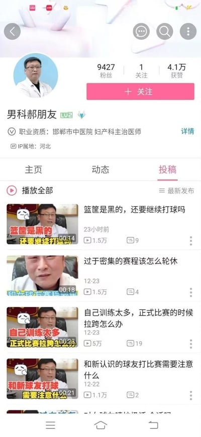 这是一张竖屏短视频平台的个人账号投稿页面截图，账号名称为「男科郝朋友」，账号主体是邯郸市中医院的妇产科主治医师，IP属地为河北，账号拥有9427名粉丝、1个关注、4.1万获赞，账号等级为LV2。页面展示了该账号的投稿视频列表，所有视频均围绕篮球爱好者的各类场景问题展开解答，视频封面都配有醒目的红黄色文字标注核心主题，视频时长在14秒到23秒之间，播放量从1.1万到5万不等，评论数在2到19条之间。具体投稿视频包括：23小时前发布的《篮筐是黑的，还要继续打球吗》、12月23日发布的《过于密集的赛程该怎么轮休》与《自己训练太多，正式比赛的时候拉跨怎么办》、12月22日发布的《和新认识的球友打比赛需要注意什么》，形成了医生身份解答篮球问题的反差感内容定位。