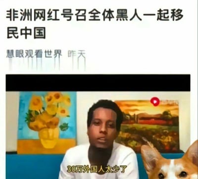 这是一张经过二次创作的合成梗图，主体是一段视频的截图，上方配有醒目标题文字“非洲网红号召全体黑人一起移民中国”，标题下方标注了发布来源“慧眼观看世界 昨天”。截图画面中是一位正在说话的黑人男性，他的下方配有字幕“30万外国人太少了”，画面右下角还拼接了一只表情疑惑、看向镜头的柯基犬图像，整体采用图文混排的形式，将视频画面、文字信息和动物图像结合，带有调侃的意味。