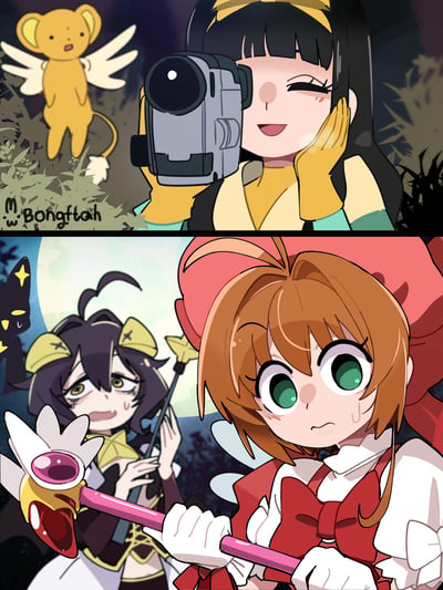 这是一张上下分栏的二次创作同人梗图：
上半部分是《魔卡少女樱》中的李莓铃手持摄像机，wink着一脸开心地进行偷拍，可鲁贝洛斯在她旁边露出惊讶的表情；
下半部分是《魔卡少女樱》的木之本樱手持封印之杖，紧张得满脸流汗，身后是《憧憬成为魔法少女》的柊舞缇娜，同样表情尴尬局促，旁边还有《憧憬成为魔法少女》的米奈儿，营造出小樱被抓包的社死搞笑场景，属于ACG跨作品的玩梗创作。