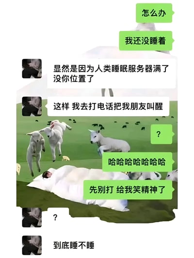 图片展示了一个失眠场景：一个人躺在床上，周围有几只羊（呼应数羊助眠的传统）。上方绿色对话框显示失眠者的困扰：“怎么办 我还没睡着”。中间白色文本框回复“显然是因为人类睡眠服务器满了没你位置了”，接着提议“这样 我去打电话把我朋友叫醒”。失眠者用问号回应后，发出“哈哈哈哈哈哈哈”的笑声，并说“先别打给我笑精神了”，最后对方追问“到底睡不睡”。整体通过“睡眠服务器满了”的幽默比喻，调侃失眠的无奈，风格轻松搞笑。