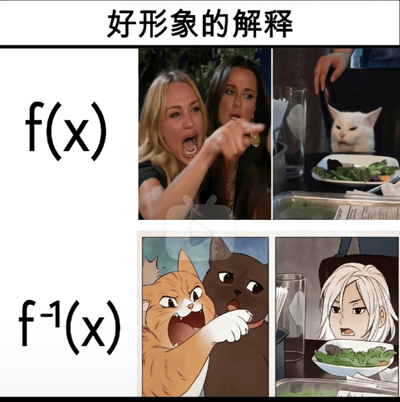 这是一张上下对比的图文混排图，旨在用流行网络梗图的形式，幽默直观地解释数学中的函数与反函数的互逆关系。图片顶部配有文字“好形象的解释”，上方区域对应函数f(x)，使用经典的“女性指责猫”梗图：左侧是美剧《生活大爆炸》里的女性角色，她大张嘴巴、表情愤怒，伸出手指指向右侧；右侧是名为Smudge the Cat的白猫，它坐在餐桌前，面无表情、眼神冷漠，代表函数的对应关系是从“发起的变量”指向“对应的结果”。下方区域对应反函数f⁻¹(x)，是该梗图的改编创作：左侧是愤怒大张嘴、伸出爪子指向右侧的橘猫，右侧是坐在餐桌前、表情惊讶的白发女性，代表反函数是将原函数的对应关系完全反转，从原函数的“结果”指向原函数的“发起变量”，把抽象的数学概念用大众熟悉的梗图呈现，降低理解门槛，兼具趣味性和科普性。