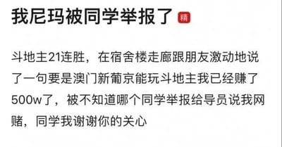 一张纯文字搞笑梗图，内容讲述一名学生因斗地主21连胜后，在宿舍走廊激动地向朋友开玩笑说“要是澳门新葡京能玩斗地主我已经赚了500w了”，结果被同学误会并举报给辅导员涉嫌网赌的趣事，最后以“同学我谢谢你的关心”幽默收尾，展现了校园生活中的搞笑误会。
