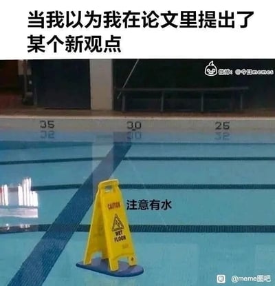 这是一张文字加注类的静态梗图，顶部配有文字“当我以为我在论文里提出了某个新观点”，画面主体是一个充满水的泳池，泳池里放置了一块黄色的“注意有水”警示牌。泳池本身就是水环境，这个警示牌的提示完全是多余且显而易见的，图中用这个荒诞的日常场景来打比方：当学术写作者自认为提出了全新的论文观点，结果却发现该观点早已是领域内人尽皆知的内容，就像在泳池里被提醒“注意有水”一样，尴尬又可笑，精准戳中了学术创作中可能遇到的“以为创新实则重复”的窘境，引发学术从业者的共鸣。